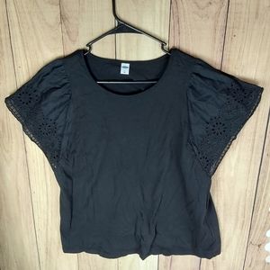 Old Navy Cotton Blend Black Top With Butterly Eyelet Sleeves